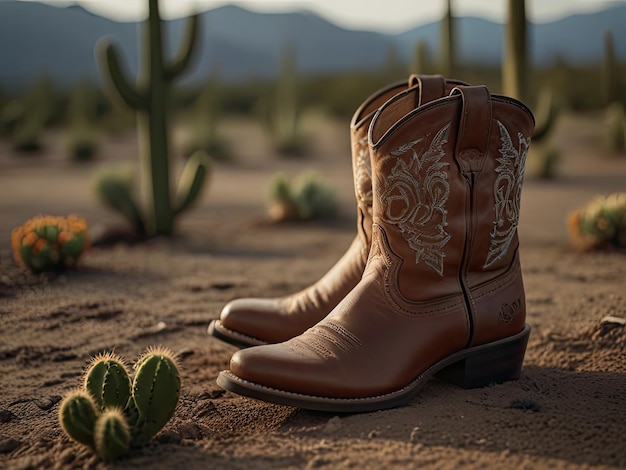 Un par de botas de vaquero en el desierto con cactus