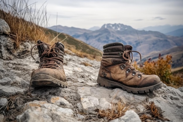 Foto par de botas viejas en una aventura de montaña rocosa creada con ia generativa
