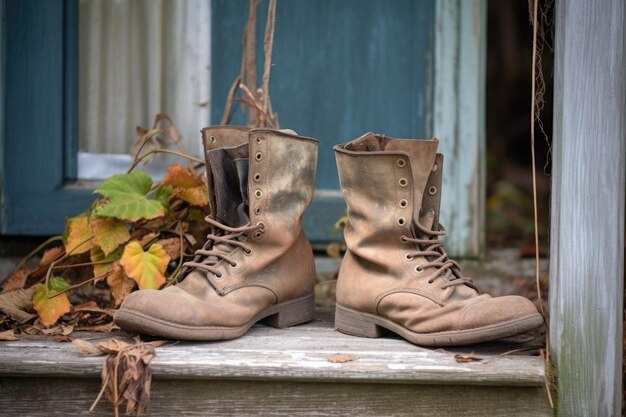 Par de botas viejas con cordones desatados en un porche creado con ai generativo