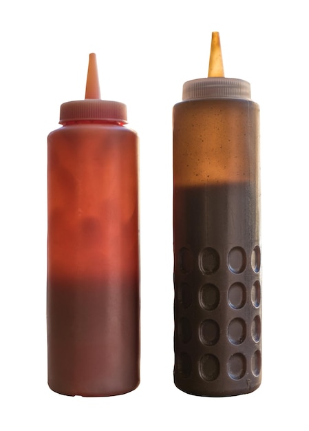 Un par de botellas apretadas para ketchup y salsa marrón salsa chippy escocesa