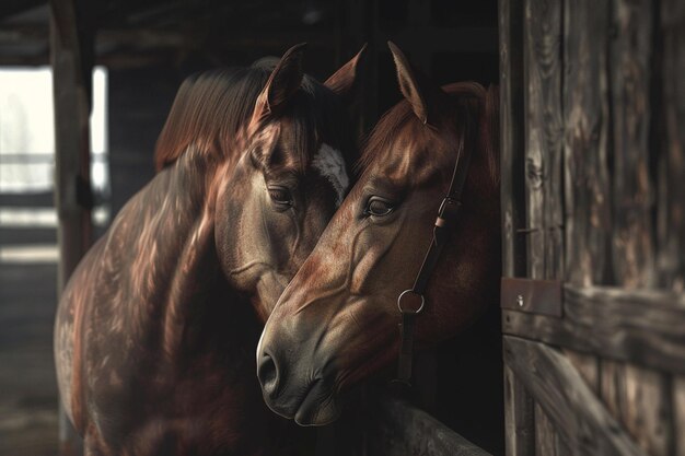 Foto un par de caballos se acurrucan cariñosamente