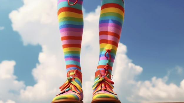 Un par de calcetines de colores del arco iris se encuentra en el cielo.