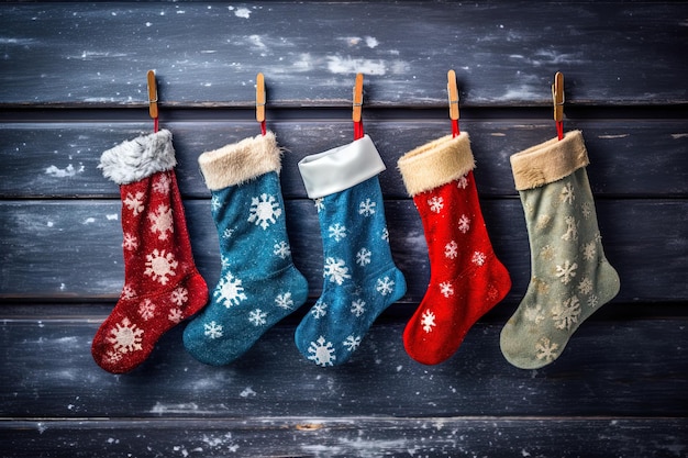 Foto un par de calcetines de navidad colgando en un estante de madera