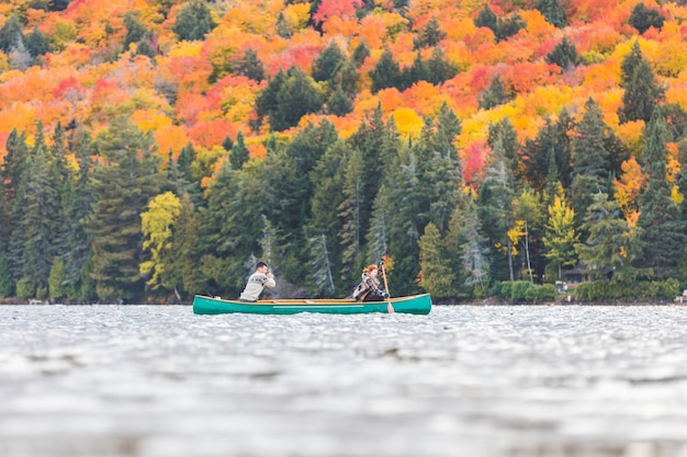 Par, canoa, lago, outono, canadá