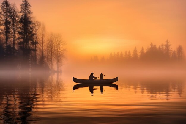 Un par de canoas en un lago al atardecer.