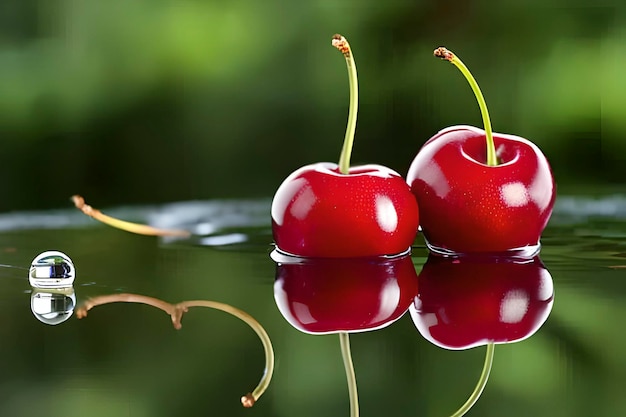 Un par de cerezas en un charco de agua