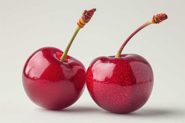 Un par de cerezas rojas juntas Dos cerezas rojizas maduras colocadas una al lado de la otra