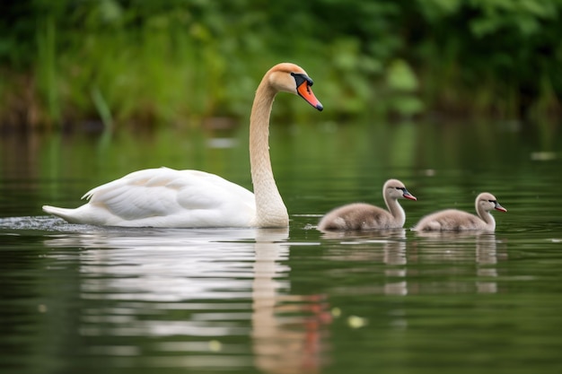 Un par de cisnes adultos guiando a sus crías a través de un estanque