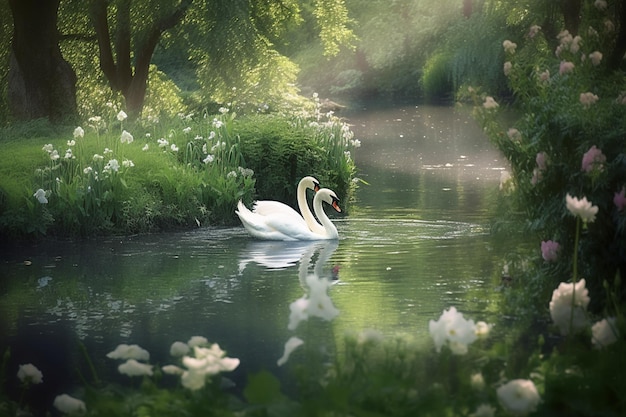 Un par de cisnes nadan en un río con flores al fondo.