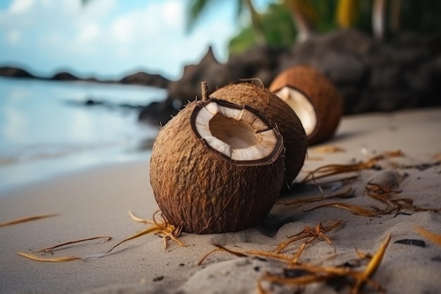 Un par de cocos sobre una playa de arena IA generativa