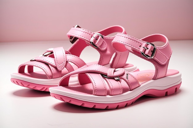Un par de cómodas sandalias de verano rosadas casuales para niños aislados en un fondo de estudio blanco