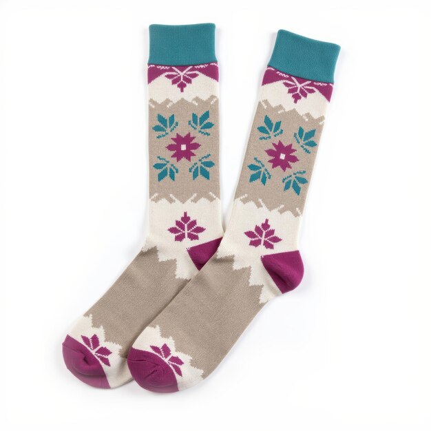 Un par de cómodos calcetines de invierno con patrón floral y copo de nieve