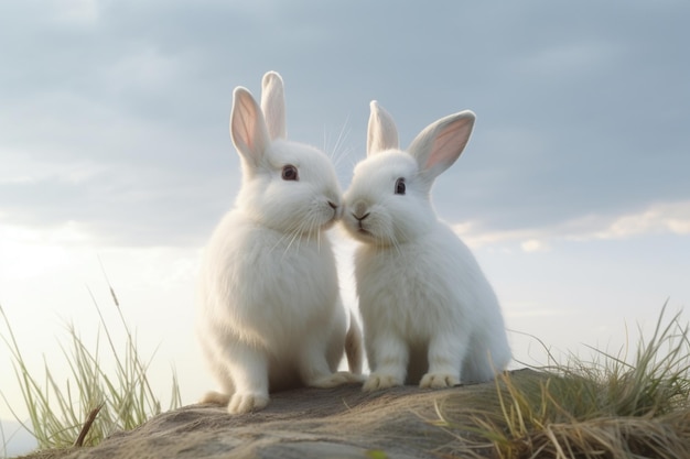 Foto un par de conejos blancos de pie uno al lado del otro