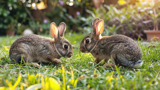 Foto un par de conejos mordisqueando hierba verde fresca en un jardín del patio trasero que ilustra la simplicidad y la alegría de la propiedad de mascotas