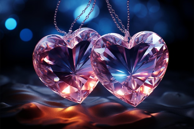 Un par de corazones luminosos brillan brillantemente en la oscuridad transmitiendo afecto