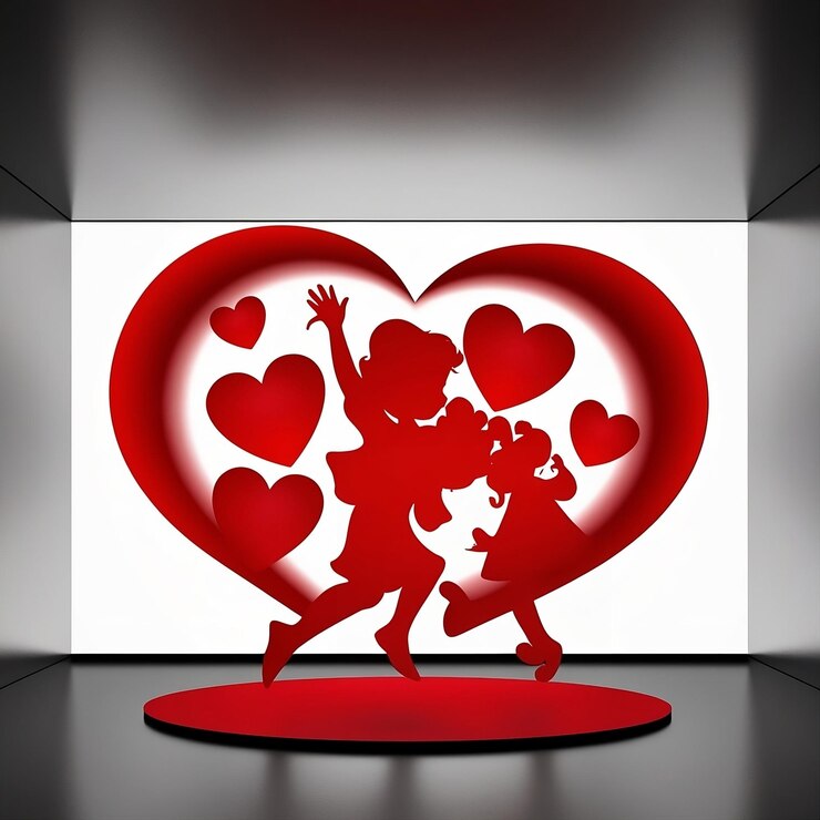 un par de corazones con uno sostenido por un hombre y una mujer con un corazón en la pared detrás de ellos