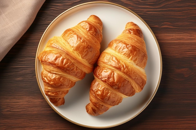 Un par de croissants elegantemente dispuestos en un plato