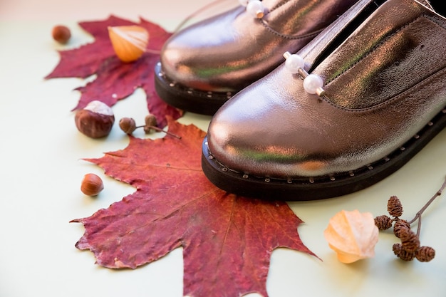Par de botas femininas marrons com folhas de outono brilhantes isoladas em fundo colorido moda outono