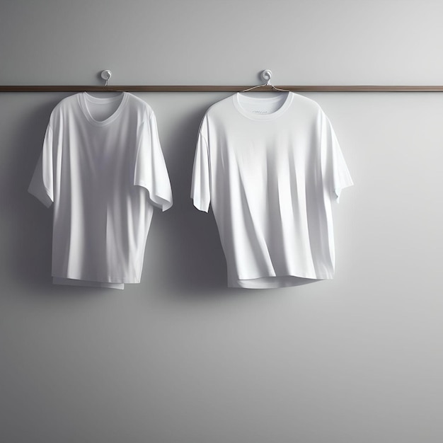 Foto par de camisetas brancas em branco penduradas na parede