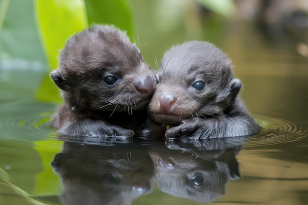 Par de filhotes de lontra flutuando em um lago tranquilo com as mãos entrelaçadas criadas com ai generativa