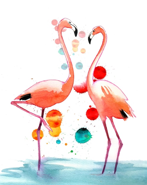 Par de flamingos com respingos Tinta desenhada à mão e aquarela sobre papel