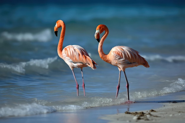 Par de flamingos desfrutando de passeio ao longo do litoral Generative AI