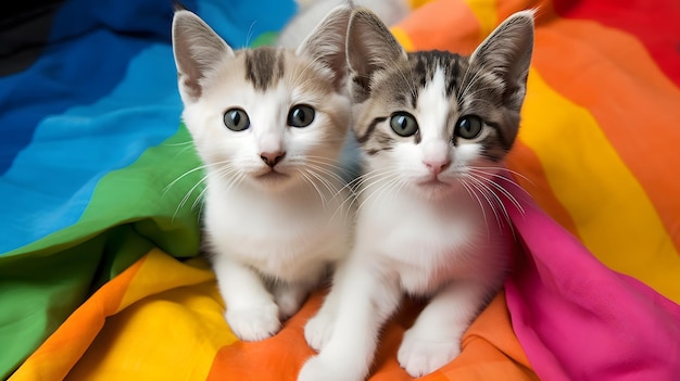 Par de gatinhos na bandeira LGBT arco-íris Rede neural gerada em maio de 2023 Não baseada em nenhuma cena ou padrão real