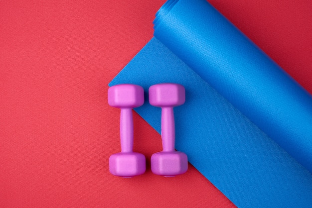 Foto par de halteres de plástico roxos em uma esteira de neoprene azul