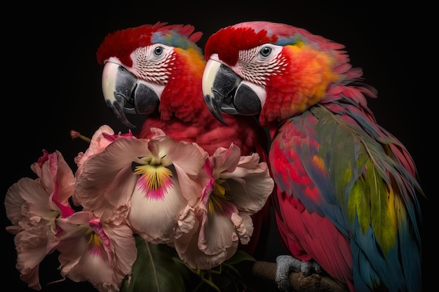 Par de papagaios sentado em um galho florido em um fundo preto generativo ai