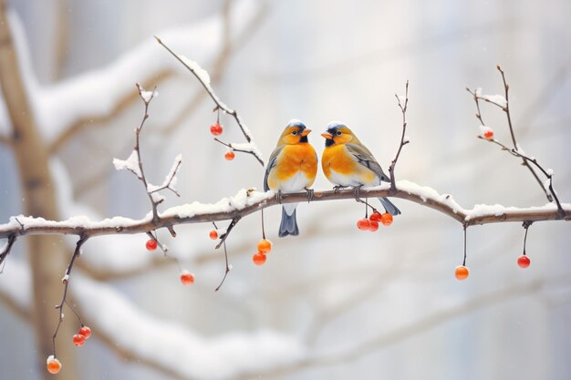 Par de pássaros de inverno empoleirados em um galho nevado