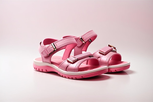 Par de sandálias casuais confortáveis de verão rosa para crianças isoladas no fundo branco do estúdio
