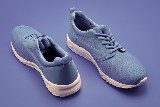 Par de sapatos esportivos confortáveis sapatos de tênis azuis esportivos em fundo azul