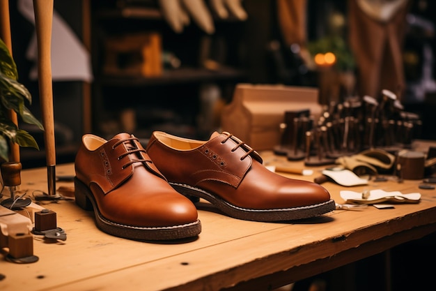 Par de sapatos masculinos de couro na mesa na oficina Generative AI