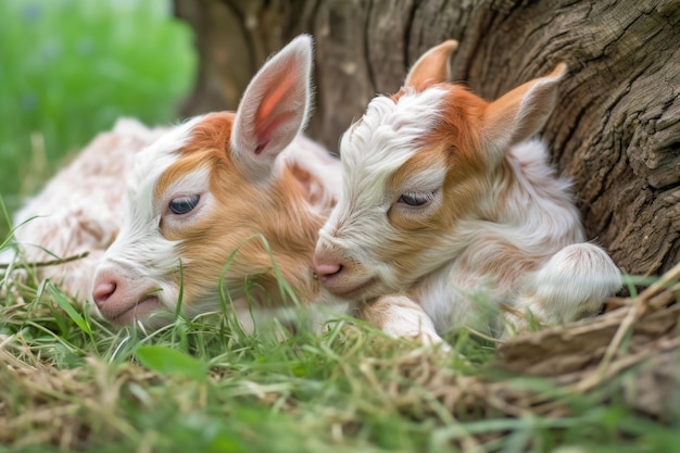 Par de diminutas cabras durmiendo la siesta en la hierba con las piernas entrelazadas creadas con ai generativo