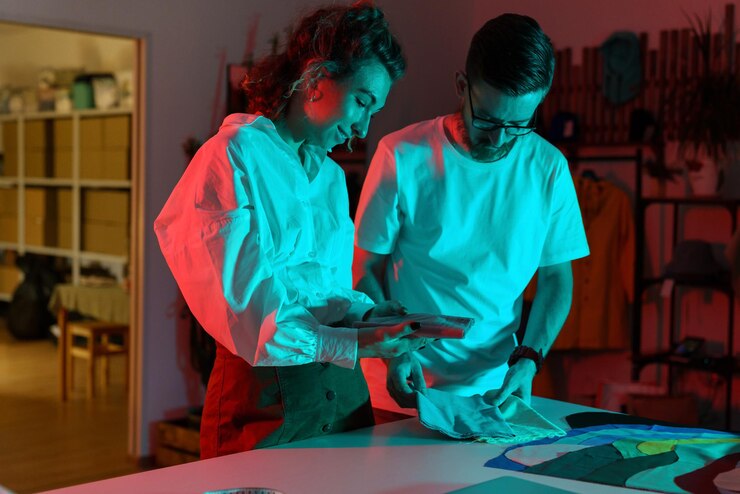 Foto par de diseñadores miran a través de muestras textiles sastre y costurera autónomos en el taller