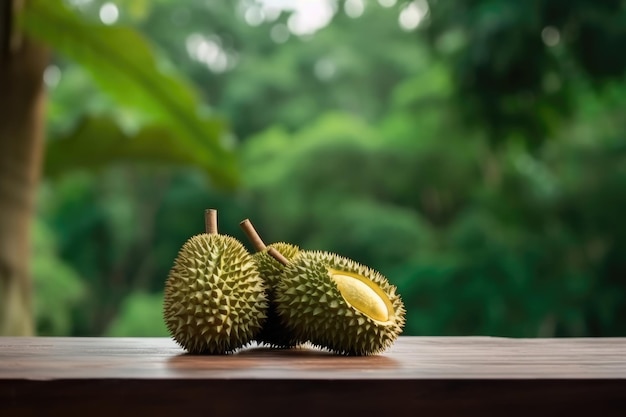 Un par de durian sobre una mesa de madera con un fondo verde.