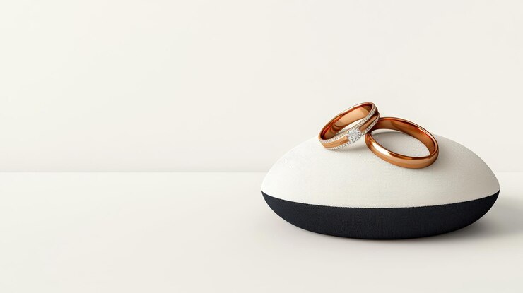 Un par de elegantes anillos de bodas exhibidos en una base moderna que simboliza el amor y el compromiso en un entorno minimalista limpio