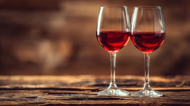 Foto un par de elegantes vasos de vino llenos de vino rojo rico en una mesa de madera rústica