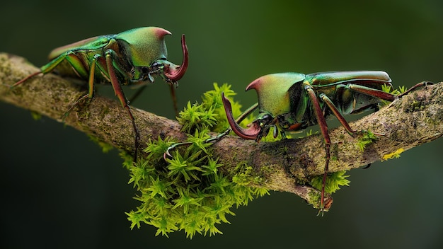 Foto un par de escarabajos están en una rama con uno siendo sostenido por un gran insecto verde