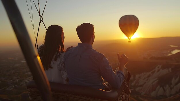 Un par está sentado en un globo aerostático y mirando la puesta de sol.