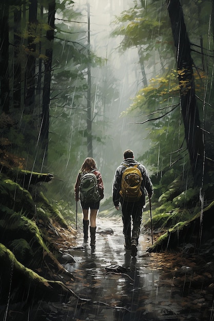 Un par de excursionistas caminan por el bosque cuando llueve