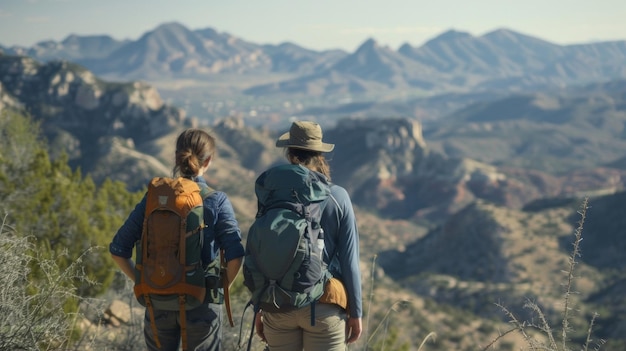 Un par de excursionistas se detienen para disfrutar del impresionante paisaje admirando la vasta extensión de escarpadas