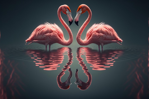 Un par de flamencos rosas formando un corazón en un estanque de reflexión