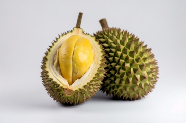 Un par de frutas durián sobre un fondo blanco.