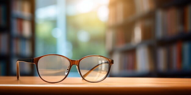 Foto un par de gafas con una estantería detrás.