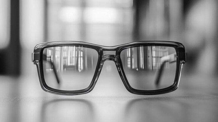 Un par de gafas modernas descansa sobre una mesa de madera que refleja un diseño interior contemporáneo borroso