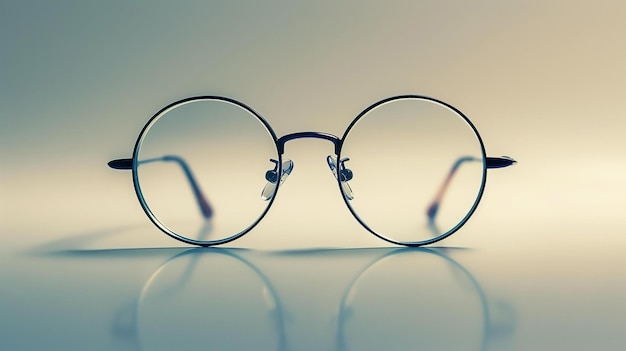 Foto un par de gafas negras con marcos redondos está sentado en una superficie reflectante el fondo es de un color gris azul pálido