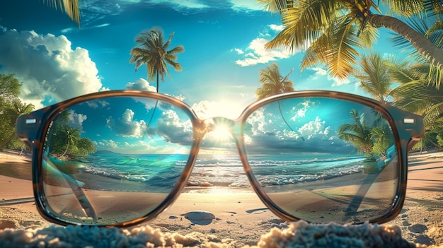 un par de gafas con una palmera en la playa