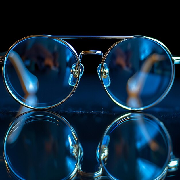 un par de gafas con el reflejo de la lente en la parte inferior