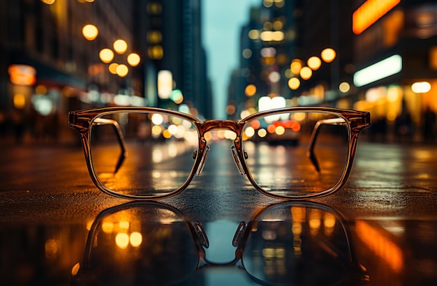 Un par de gafas sentadas en la parte superior de una calle húmeda